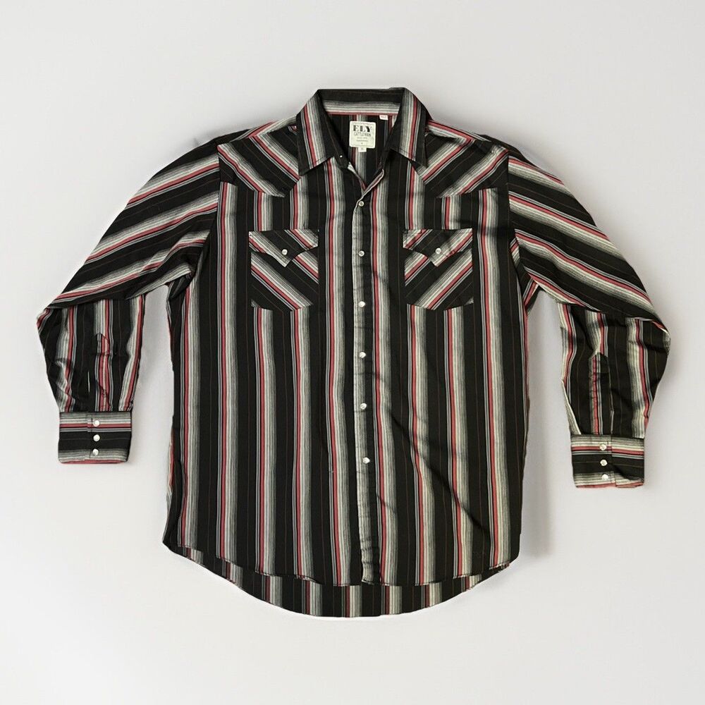 Ely Cattleman Vintage Mens XL Western Shirt Pearl Snap Long Sleeve Black Stripe
